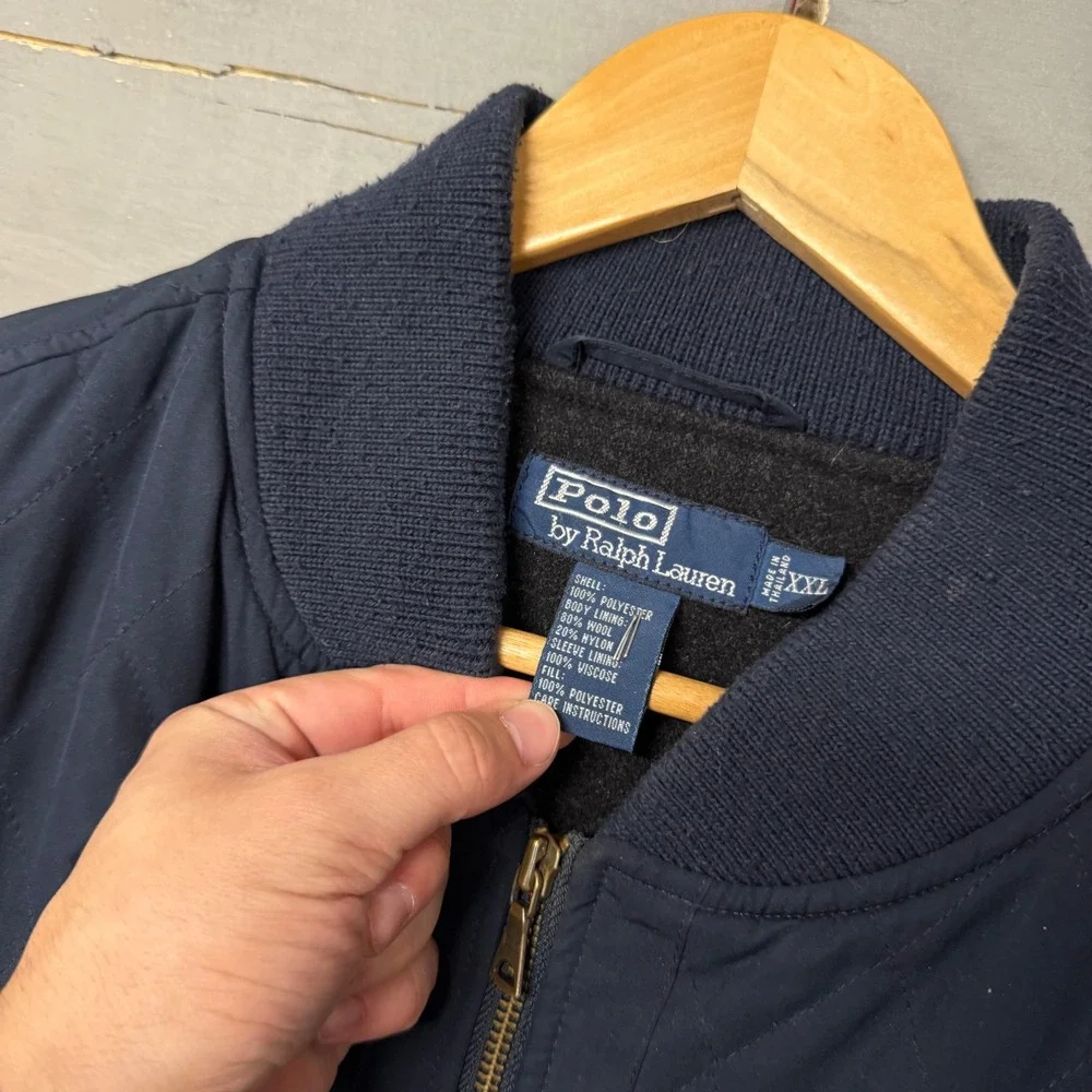 Vintage Polo Ralph Lauren Quilted Bomber Jacket Navy Blue Wool Lined‎ XXL